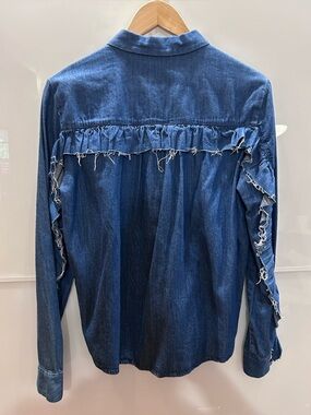 Zara Trafaluc Dark Blue Denim Ruffle-Trim Button-Up Shirt